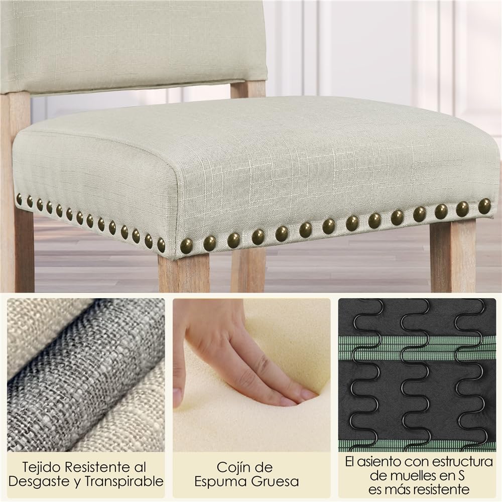 Yaheetech Juego de 2 Sillas de Cocina Tapizada de Tela Pata Madera Beige | Silla de Comedor Respaldo Alto, Silla de Cocina Tapizada de Tela, Diseño Clásico, Asiento Acolchado, para Salón y Cocina