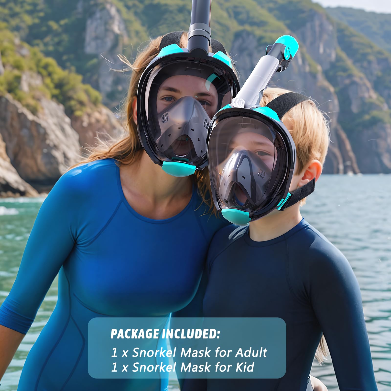 Greatever G2 Adults Kids Full Face Snorkel Mask 2 Pcs,Safe Breathing,Anti-Leak&Anti-Fog Snorkeling Mask with Camera Mount