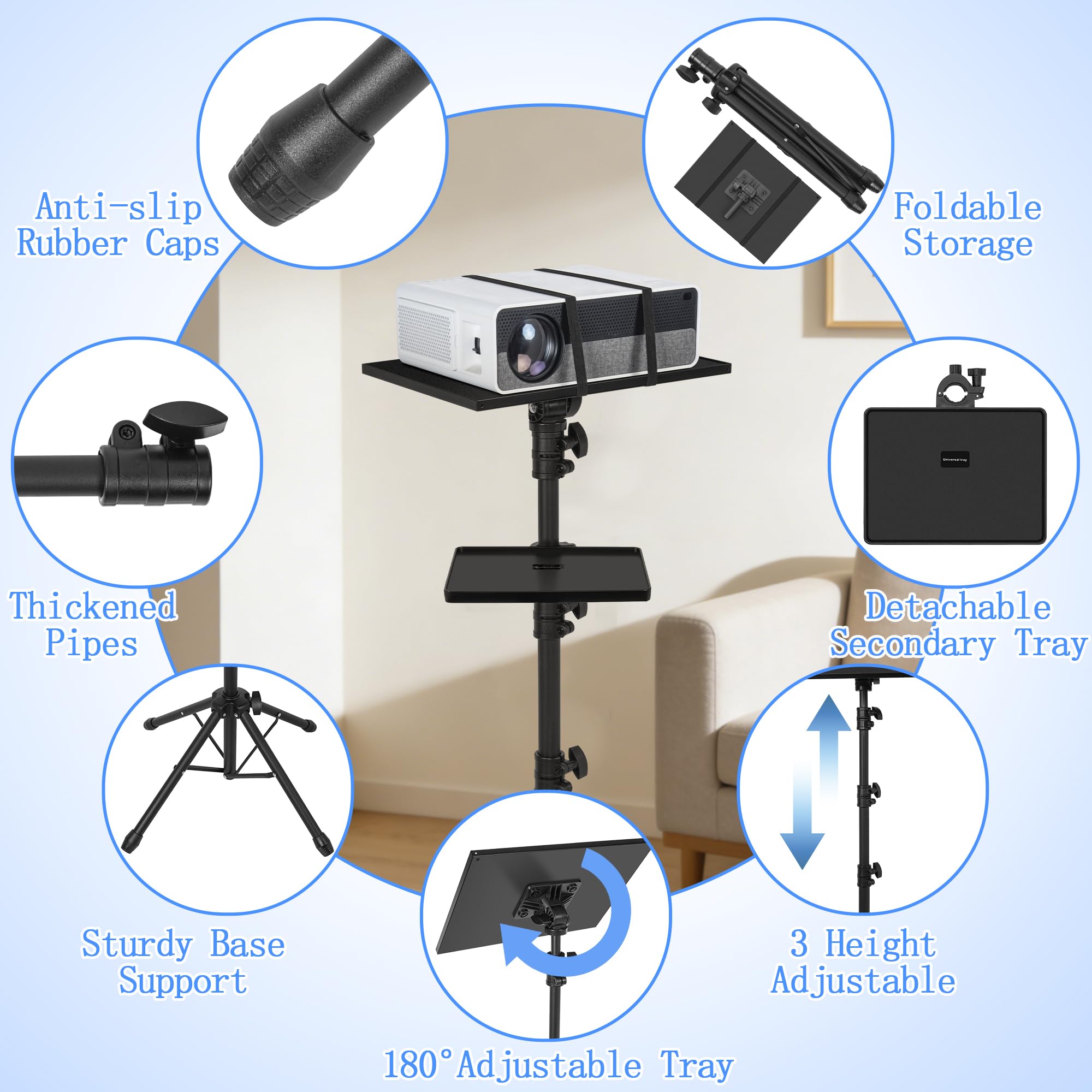 AKOZLIN Trépied de projecteur avec 2 étagères et 4 pieds, support portable réglable hauteur 65-130 cm, rotation à 180 degrés pour projecteur, équipement DJ, iPad