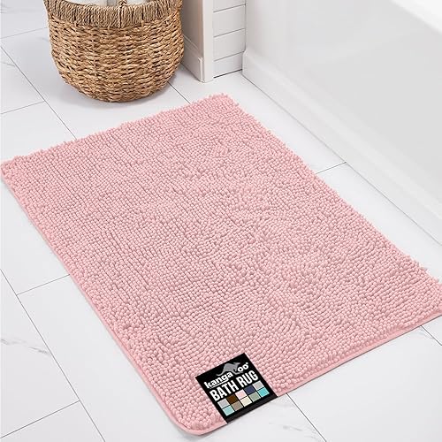KANGAROO Bathroom Rugs, Chenille Soft Absorbent Bath Rug, Shaggy Shower Mat, Quick Dry Machine Wash Bathmat, Plush Carpet Mats for Tub, Bathtub and Room Home Decor Accessories, 36x24, Light Pink