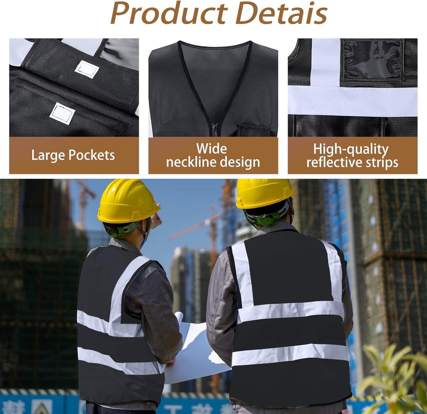 10 Pack Reflective Vests, Black High Visibility Reflective Vest, Construction Vest with Pockets and Zipper, Work Vests for Men Women - Image 4