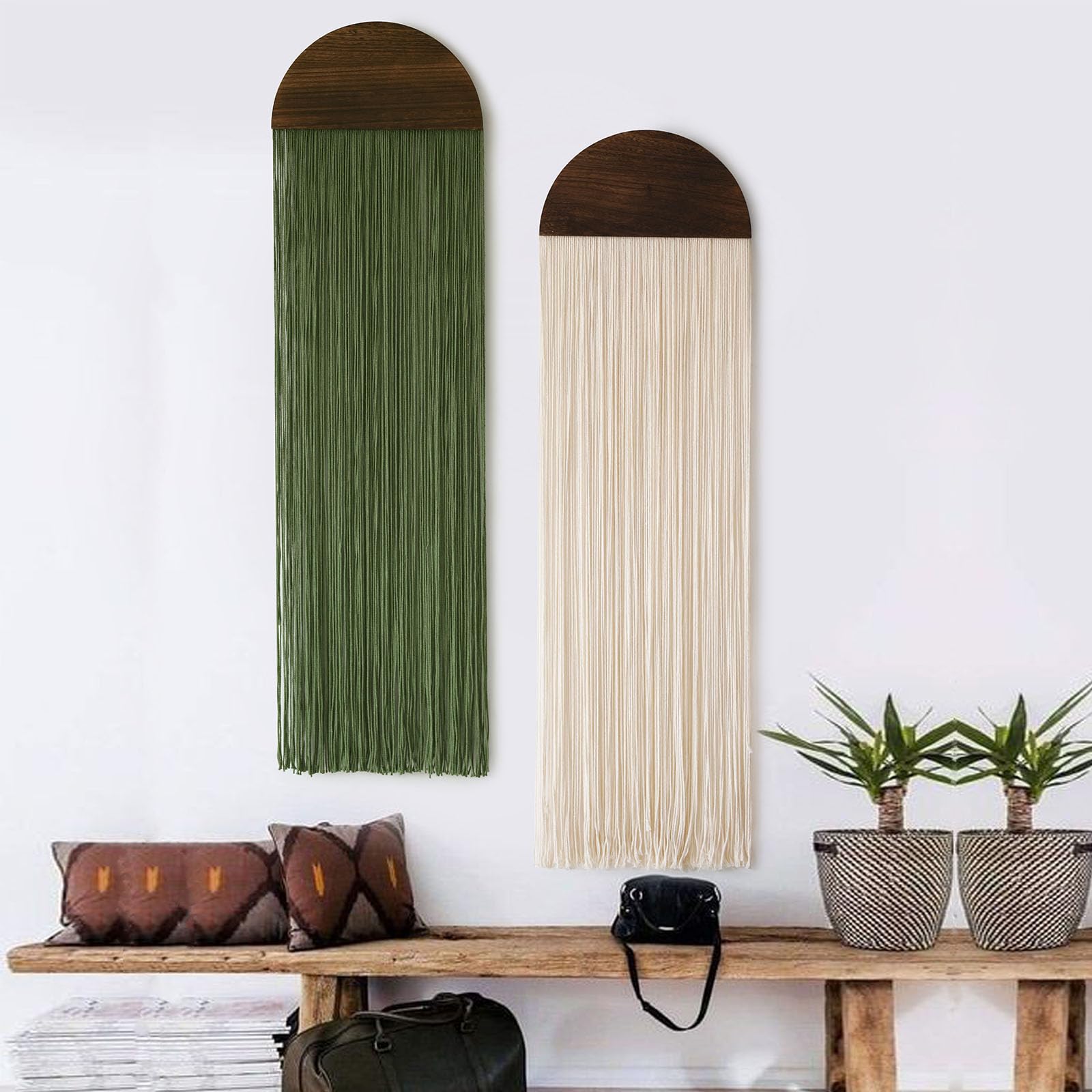 2 Pcs Macrame Wall Hanging Boho Decor Wall Tapestry Handmade Round Tassel 13.7" W x 51" L for Living Room Bedroom Headboard Decor