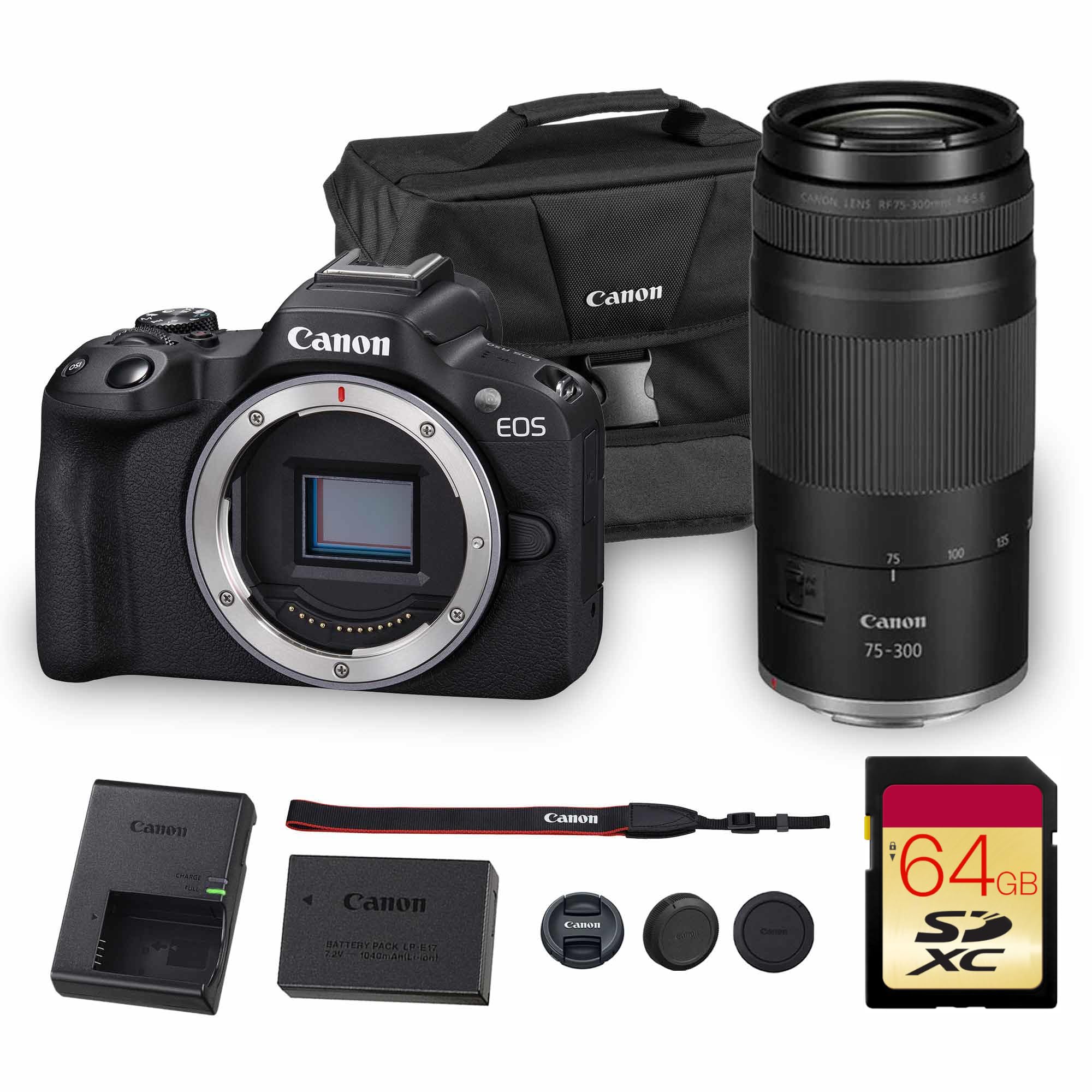 Canon EOS R50 Mirrorless Camera | 24.2MP APS-C, 4K 30p Video, Dual Pixel AF II, 15fps Burst, Vari-Angle Screen, Compact Beginner Vlogging Camera (5811C002) + Canon RF 75-300mm Lens + Bag + 64GB Card