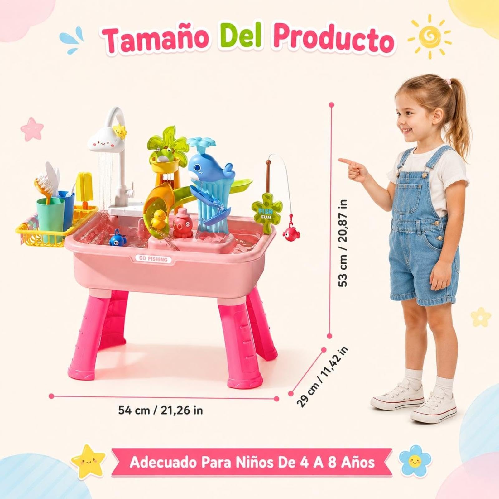 Genérico Mesa De Agua para Niños Y Niñas De 4 A 8 Años - Fregadero De Juego con Bomba | Incluye Tobogán, Pesca 43 Accesorios | Gracioso para Piscina Exterior Y Verano
