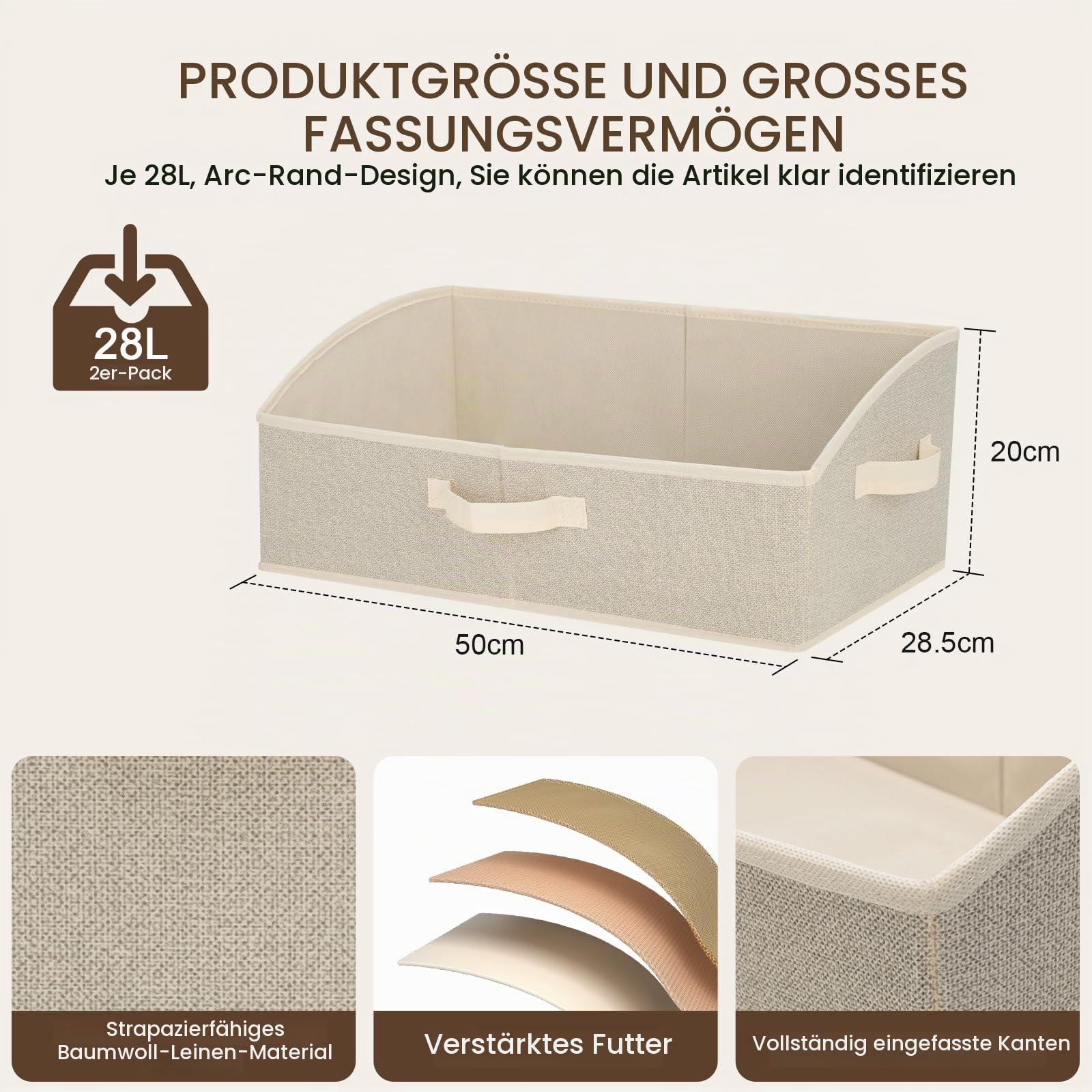 Cozary Aufbewahrungsbox mit Griffen 28L,2 Stück Faltbare Aufbewahrungskorb stoff 50x28.5x20cm,Großer Körbe Aufbewahrung,Ordnungsboxen für Kleidung Spielzeug Werkzeug Kleiderschrank