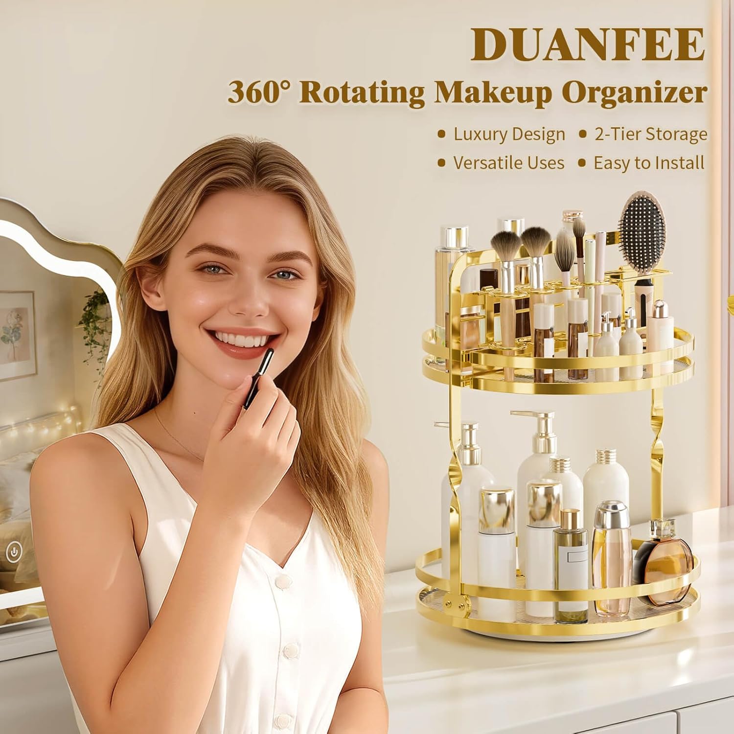 360 Rotating Makeup Organizer Vanity, Gold Perfume Organizer for Dresser, 2 Tier Bathroom Organizer Countertop,Spinning Cosmetic Display Lazy Susan for Women,Skincare Storage with Brush Holder