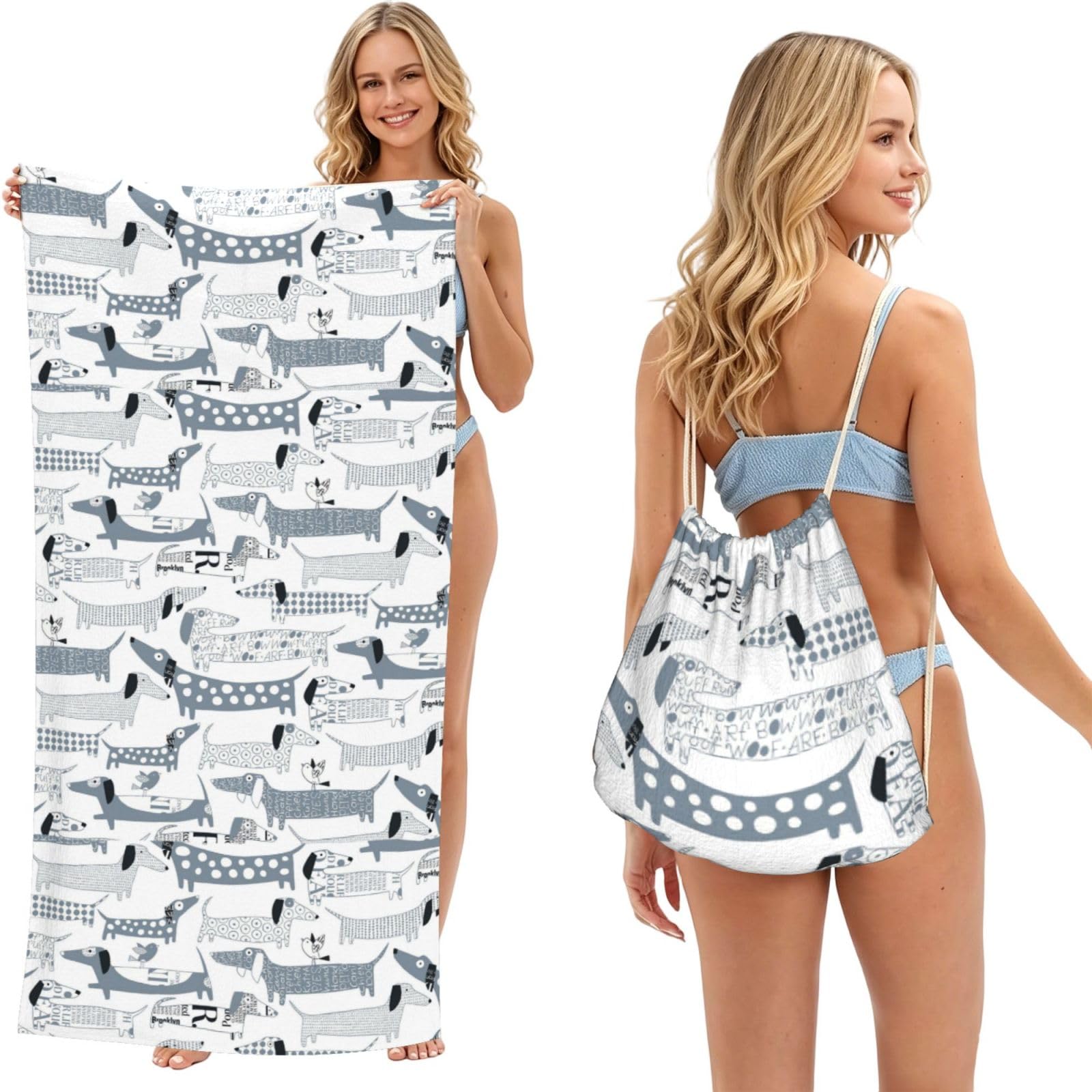 Poadnly As Picture Sausage Dog, 2 In 1 Packable Towel Bag, Beach Towels With Drawstring Backpack For Travel Holiday Camping