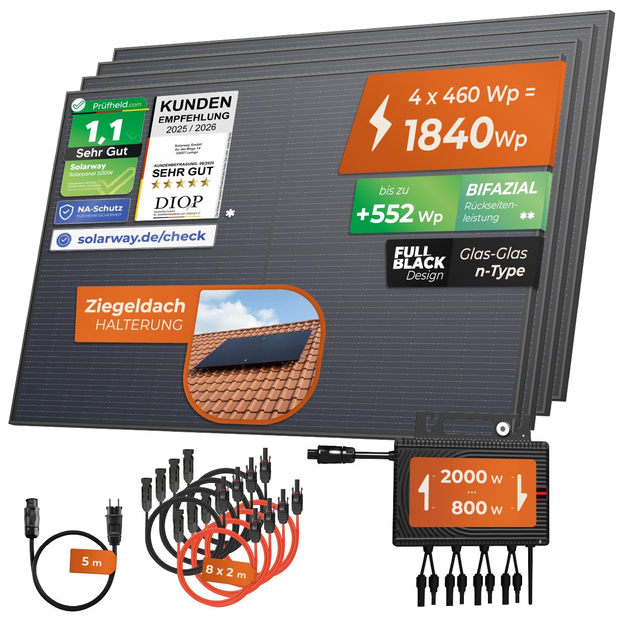 Solarway® 1840Wp / 2000-800W Balkonkraftwerk komplett Steckdose - neuester 2000 Watt Wechselrichter - Solaranlage Komplettset - 460W bifaziale Solarmodule & Envertech & Zubehör