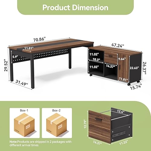 Miniatura 2 de LITTLE TREE Escritorio ejecutivo de 70.8 pulgadas con archivador lateral, estación de trabajo moderna de madera gruesa en forma de L, escritorio