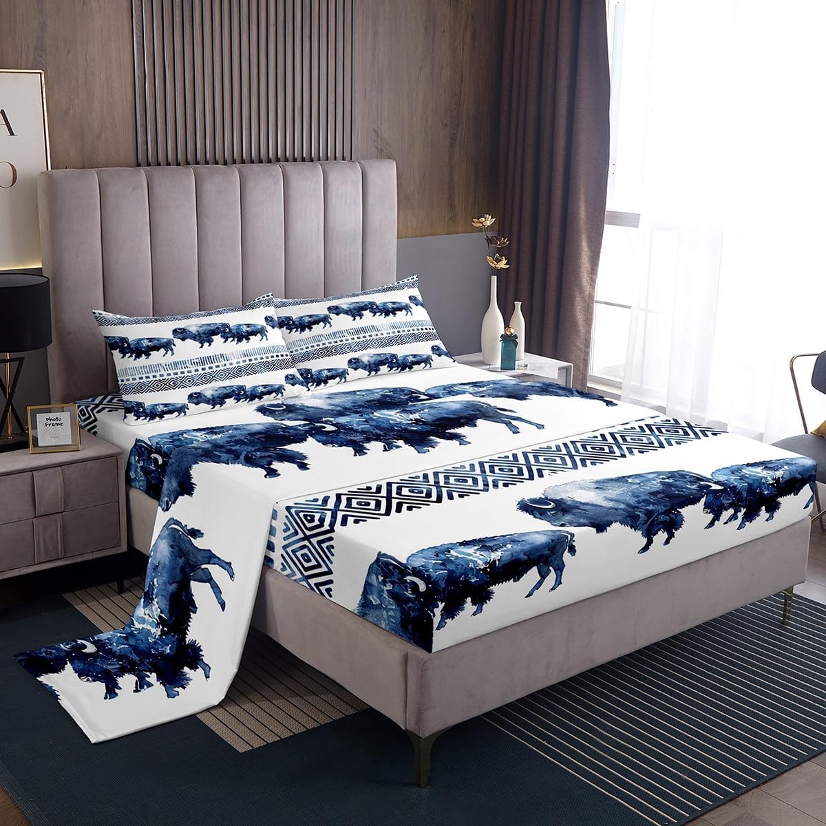 Feelyou Cute Buffalo Bed Sheets Set Full Size Wild American Bison Sheet Set 3D Wild Animal Prairie Ranch North American Mountain Sheets with Deep Pocket Fitted Sheet for Room Decor Blue Bedding Set