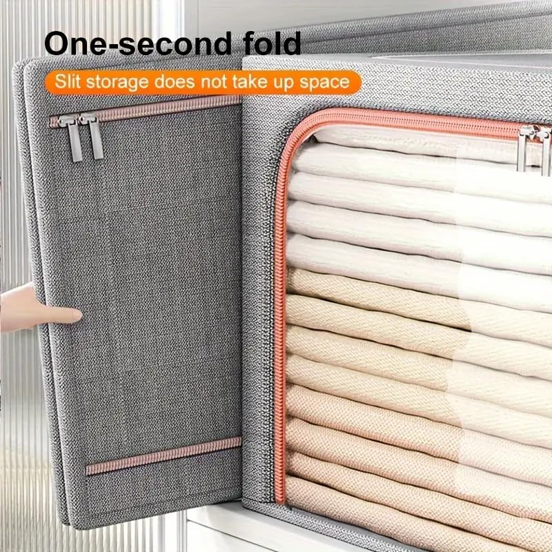 Image of 3 Pack Clothes Storage Bins with Metal Frame, Foldable Clothing Storage Bins with Lids, 31L Stackable Storage Box Storage Bags Fabric Bins Organizer with Clear Window＆ Zippers＆ Sturdy Handles