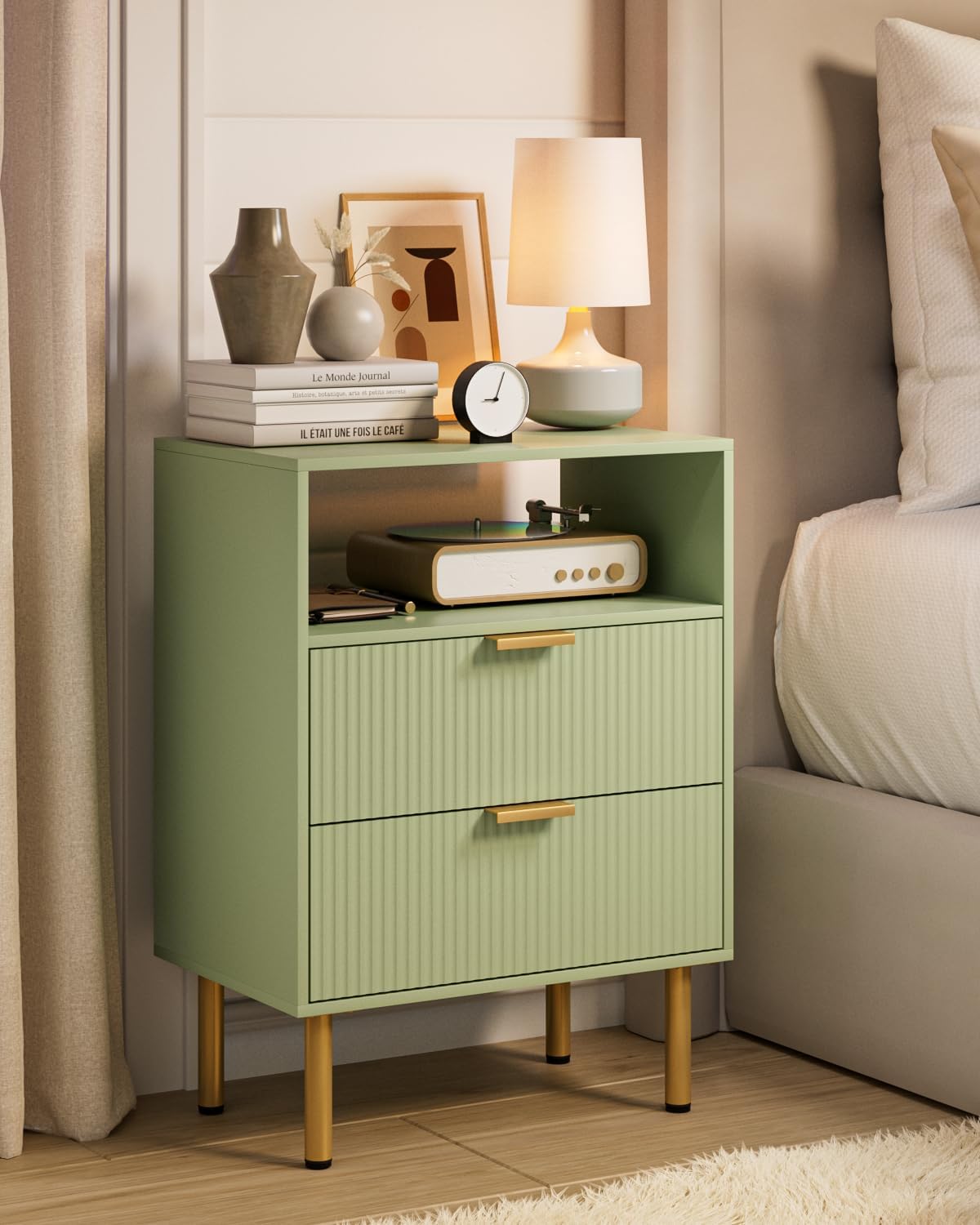 Night Stand,25.7" H Bedside Table with 2Drawers and Open Shelf,Farmhouse Nightstand,Side Table with Gold Frame for Bedroom,Living Room,Pale Green
