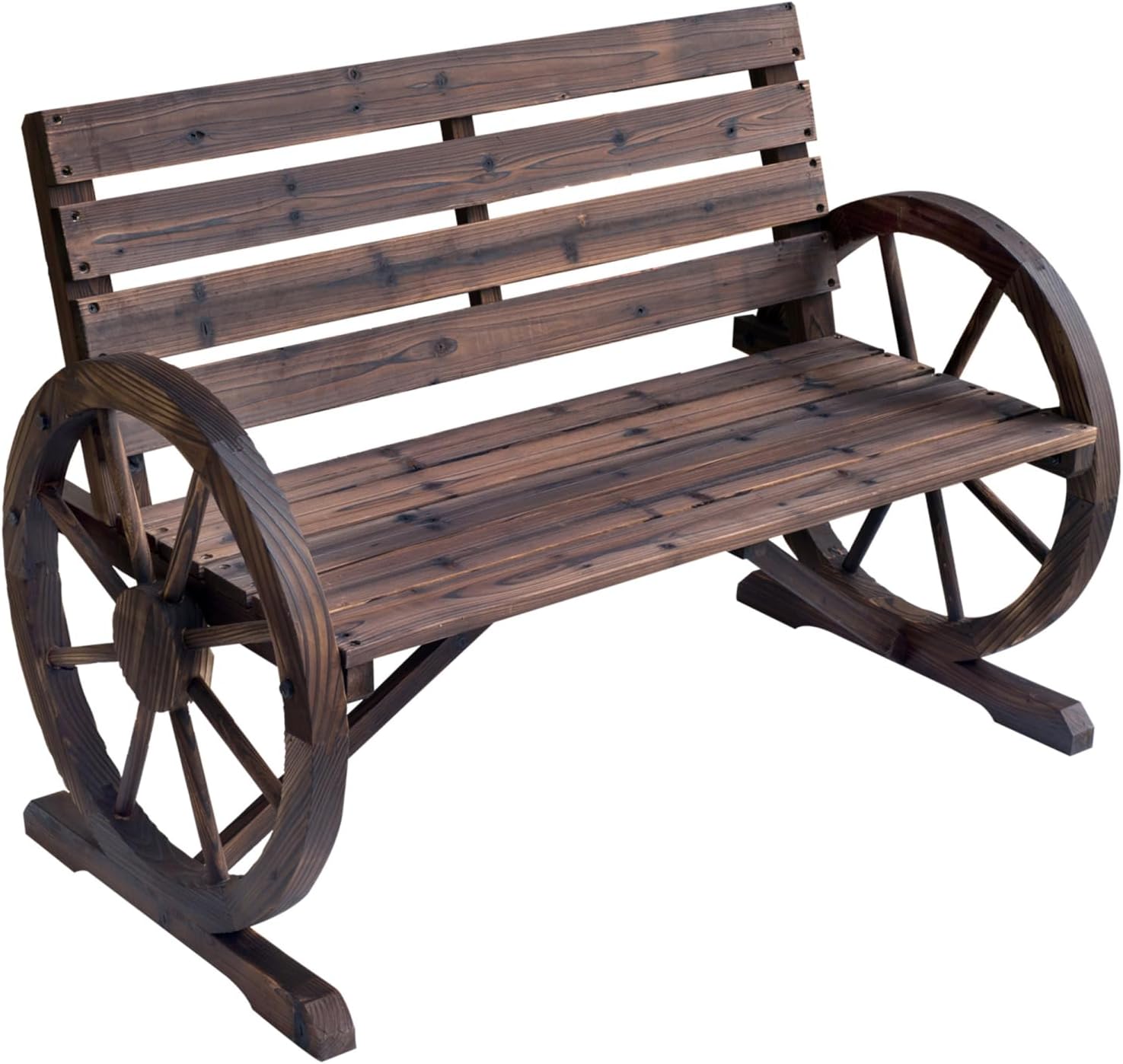 Rustic Wagon Wheel Bench for Outdoor Patio, 2-Person Cedar Wood Slatted Bench with Backrest