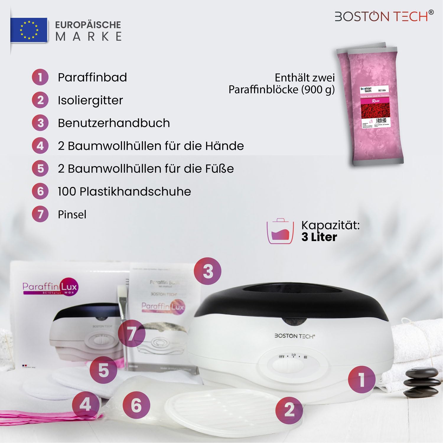 Boston Tech® Paraffin-Handbad von Muskelschmerzen und Arthritis. 3 Liter Fassungsvermögen. Feuchtigkeit und revitalisiert die Haut. Enthält 900 g Wachs und Zubehör für den Heim- und professionellen
