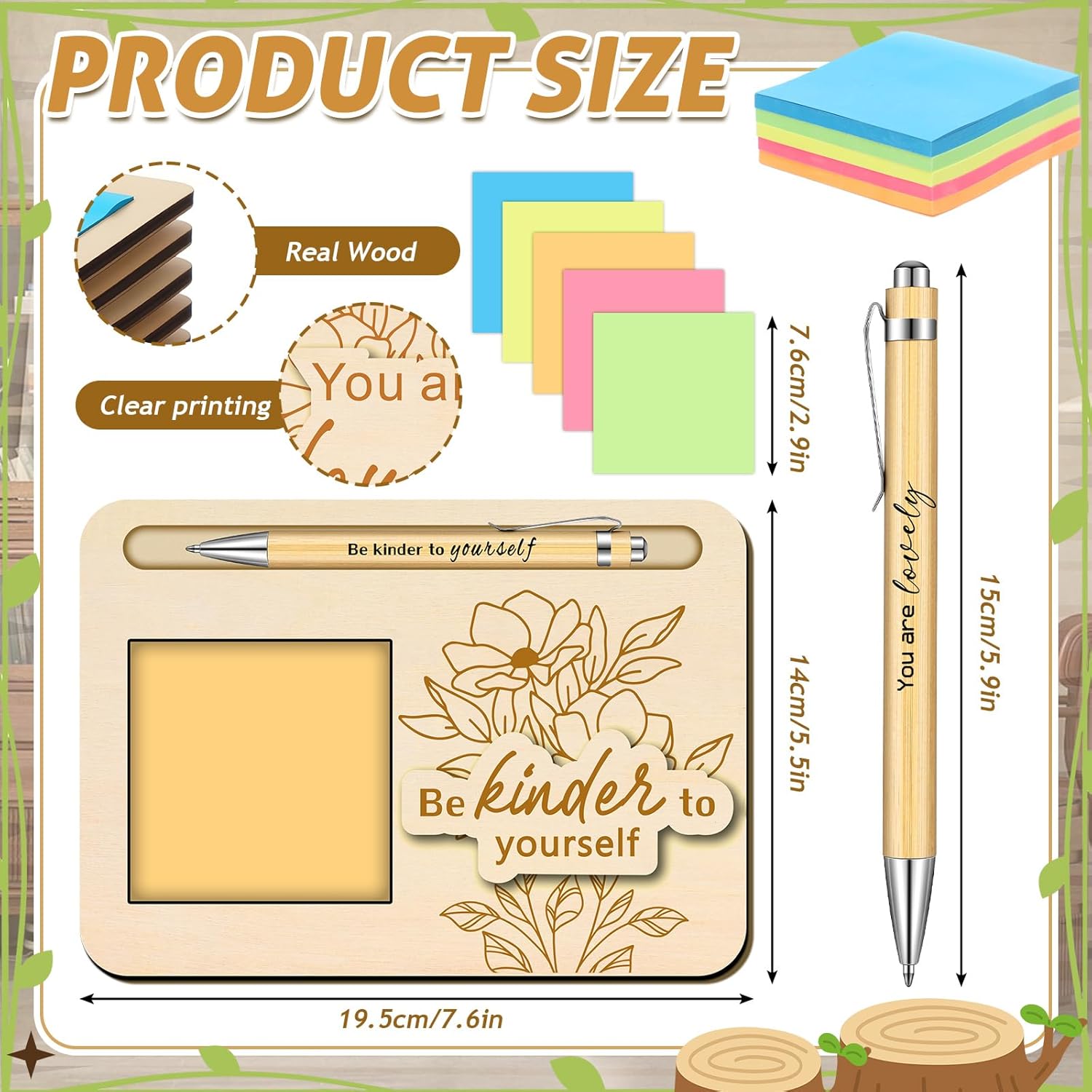 Dispowreath 10 Set Teacher Appreciation Gifts Bulk Flower Themed Positive Wooden Sticky Note Holder with Notes and Ballpoint Pens Thank You Gift for Teacher Nurse Staff Employee Office Supplies