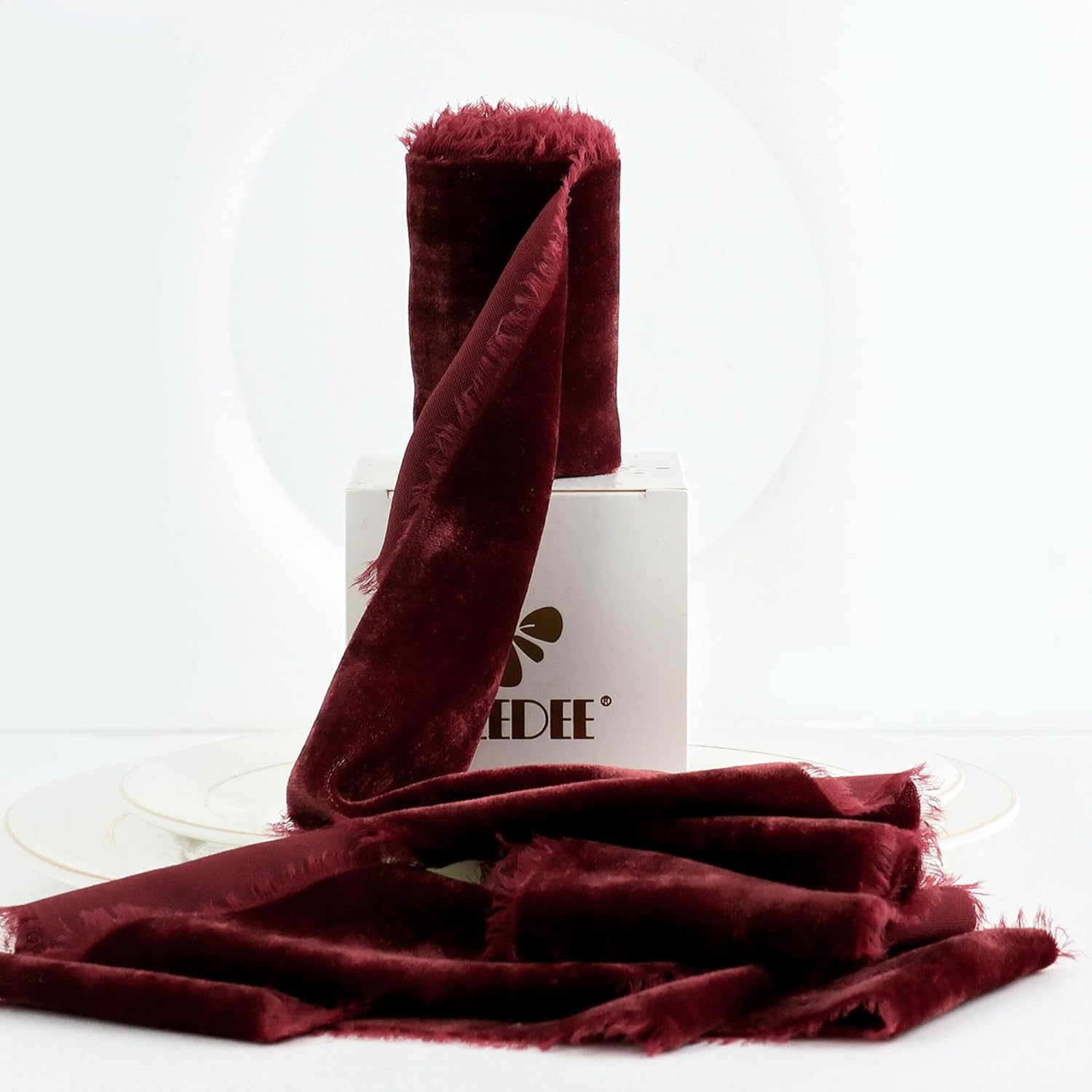 MEEDEE Burgundy Velvet Ribbon 3 Inch Burgundy Red Fringe Ribbons Raw Edge Silk Velvet Ribbon for Wreaths, Flower Bouquet, Photography, Dress Sash, Wedding Decor (3 Yards)