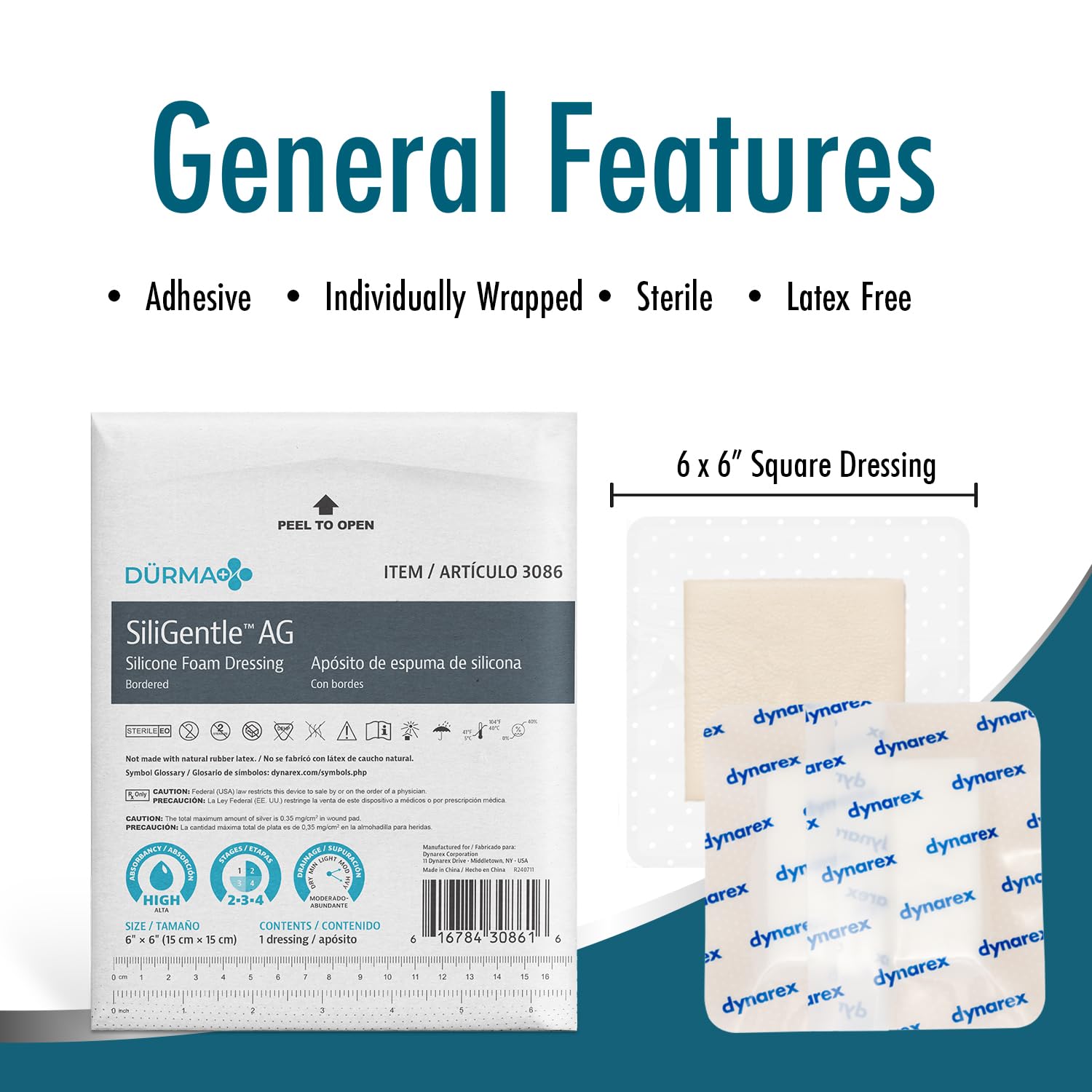 Dynarex Siligentle Ag Sterile Silver Silicone Foam Dressing for Wound Care, 10 Count