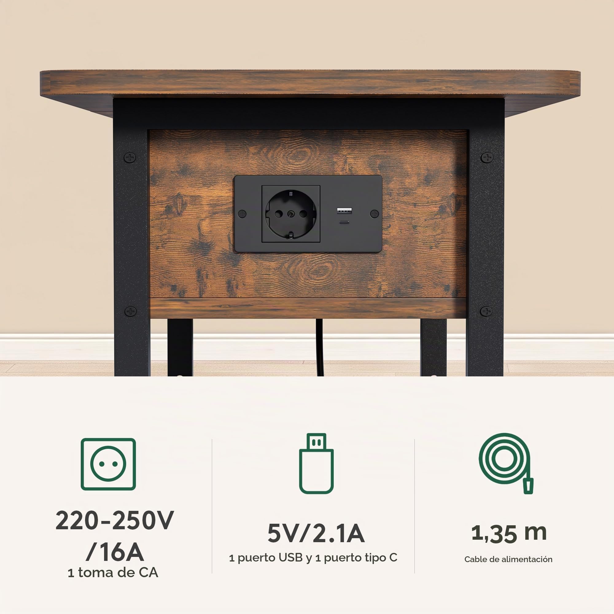 Mesa Auxiliar Pequeña con Multienchufe, Mesa Lateral Estrecha Madera