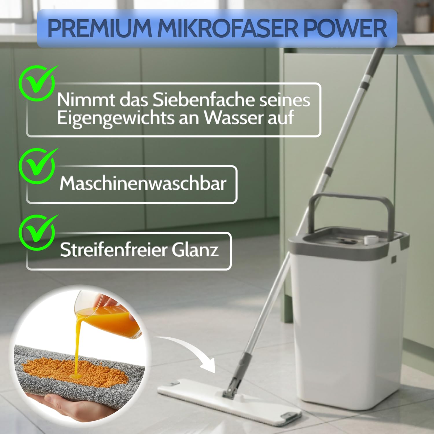 Allyson® Wischmopp Set mit Eimer, Auswringer, Haarentferner, inkl. 15 Mops | 3-Kammer-System für Wischen, Spülen & Trocknen, ohne Bücken & nasse Hände, gummierter Griff, für Fliesen & Laminat