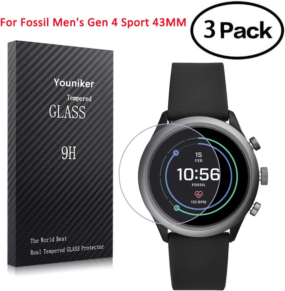 Youniker 3 Pack for Fossil Sport 43mm 2018 Screen Protector Tempered Glass for Fossil Men's Gen 4 Sport 43MM Screen Protector Foils Glass 9H 0.3MM Anti-Scratch Anti-Fingerprint Bubble Free