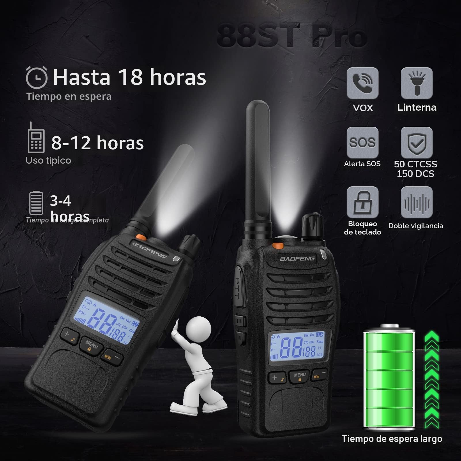 BAOFENG BF-88ST Pro PMR446 Walkie Talkie, Radio bidireccional Recargable de Largo Alcance Mejorada sin Licencia con Pantalla LCD, Reloj Dual VOX, Cargador de Escritorio y Auriculares, Paquete de 4