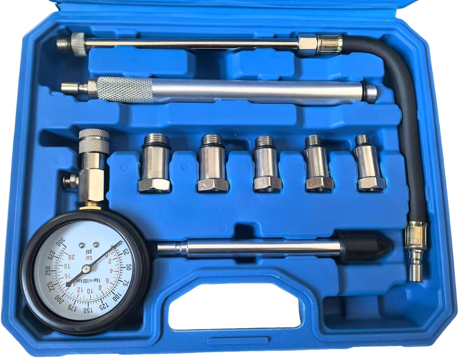 11PCS Engine Cylinder Compression Tester Kit, 0-300 PSI/0-20 Bar Gasoline Fuel Pressure Gauge Tool with M10 M12 M14 M16 M18 Adapters for Car Motorcycle ATV(11PCblue)