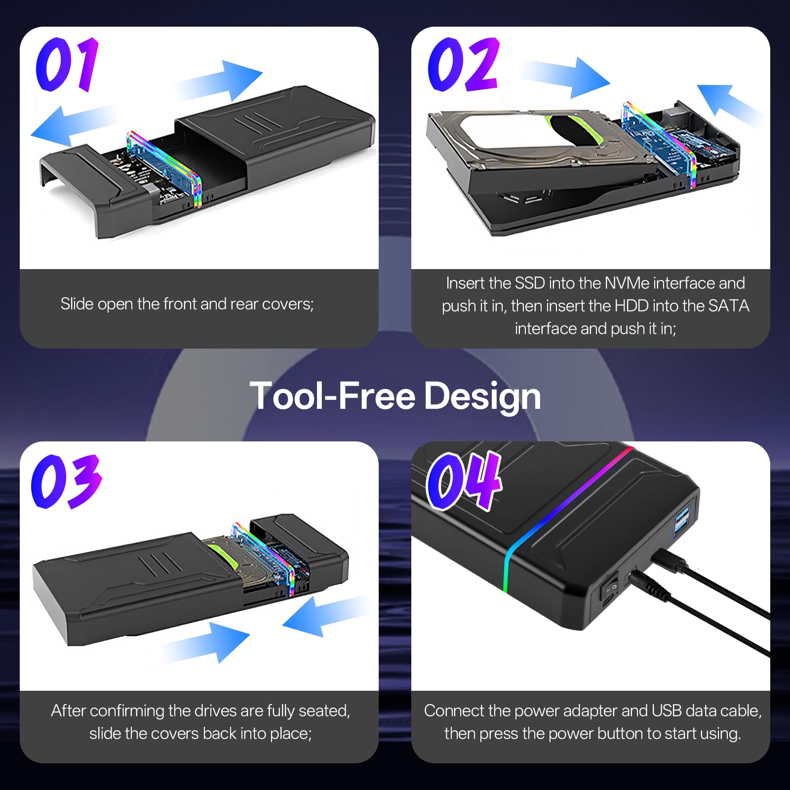 10Gbps Boitier Disque Dur Externe, USB-C Station d'accueil pour Disque Dur SATA HDD/SSD 3.5"/2.5" & pour Boitier SSD M2 NVMe Adaptateur SATA USB 3.2 Gen2, UASP