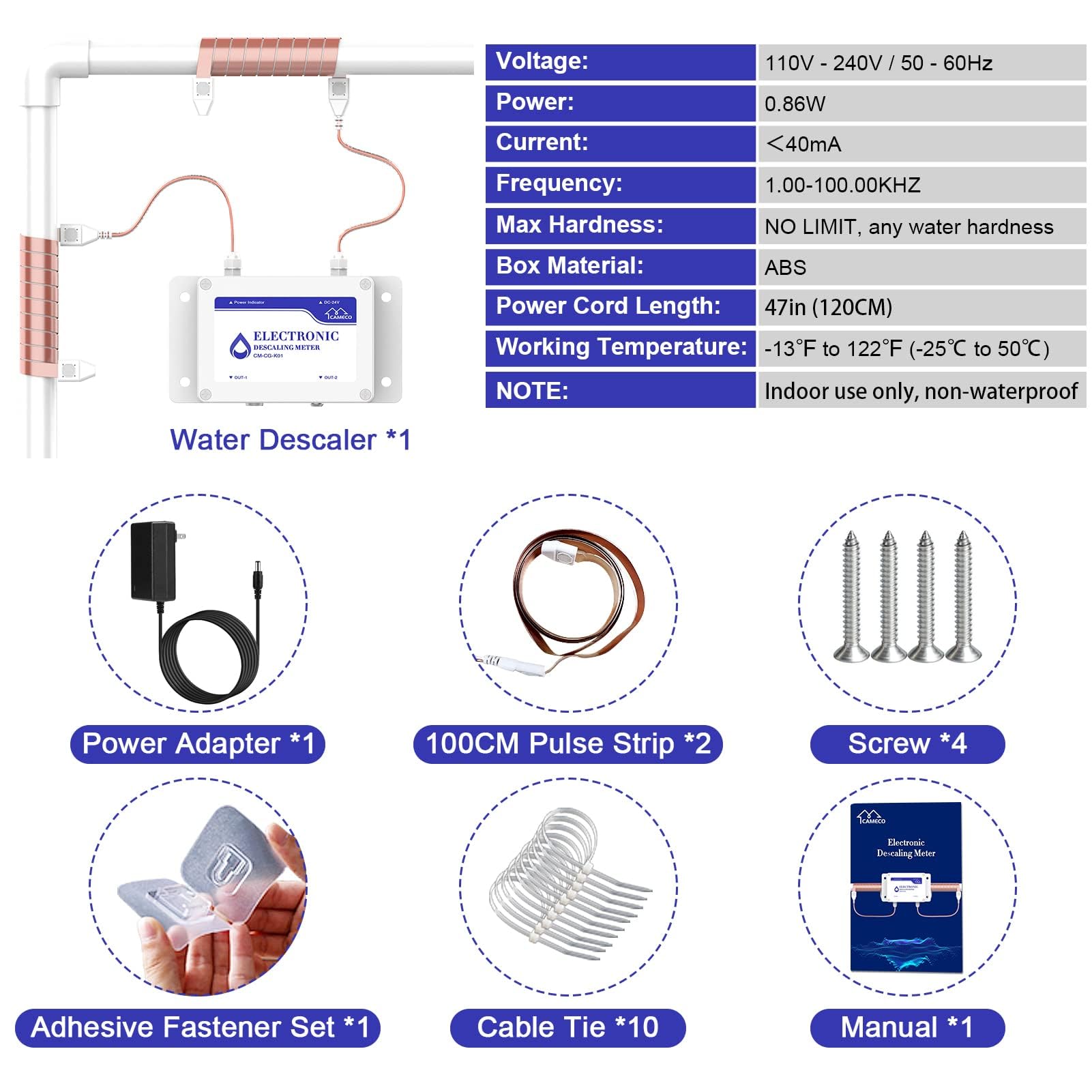 CAMECO Whole House - Sistema anticalcare per acqua dura, alternativo elettronico, senza sale, senza addolcitore per acqua salata, rimozione di calcare e ruggine, riduce la durezza