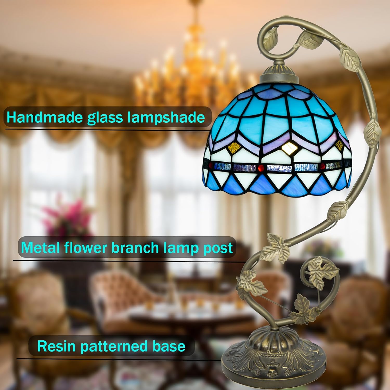 Tiffany Lamp,Stained Glass Table Lamp for Bedside,Living Room,Bedroom,Office,21 inch High Tiffany Style Light with 3 Color Temperature E26 Blub (Blue)