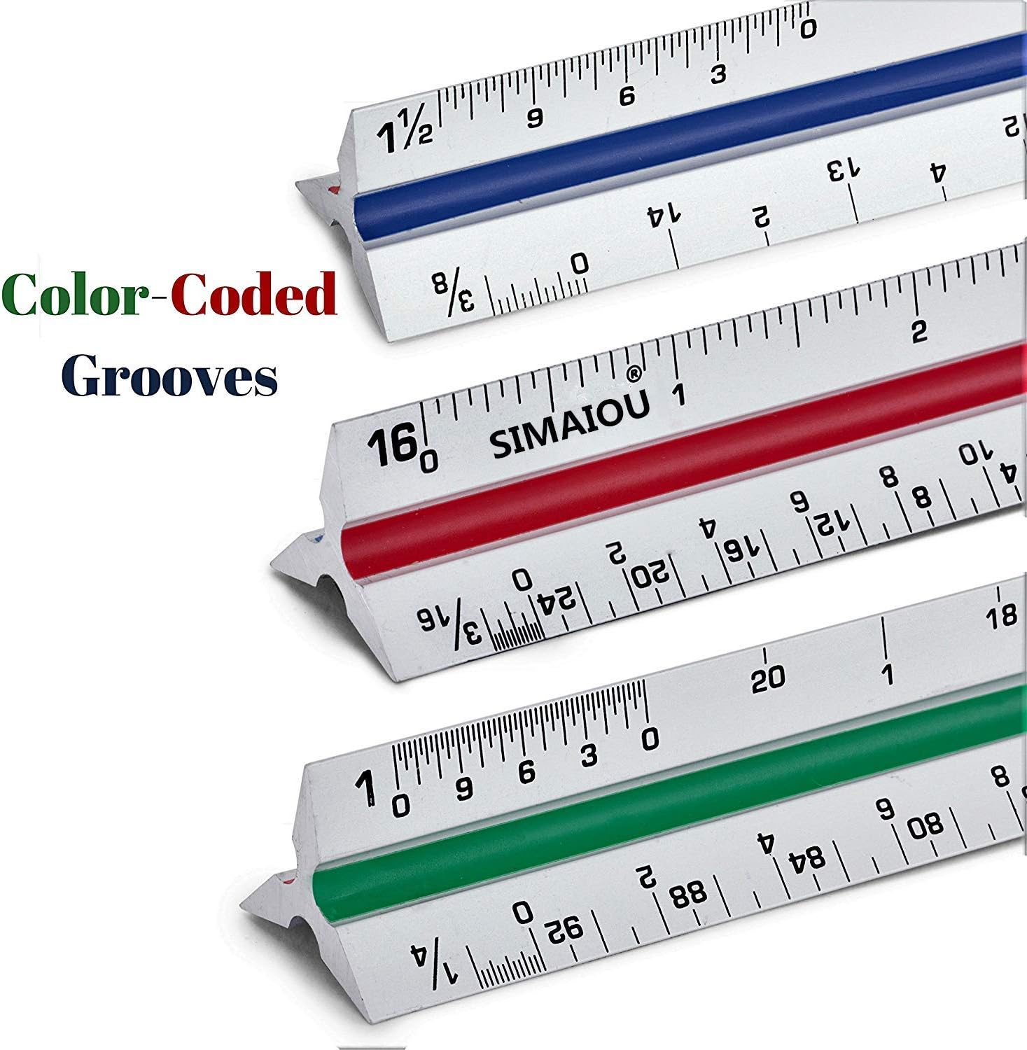 Aluminum Triangular Architect Scale — US Standard Imperial Scale 12" with Protective Ends and Color Coded Grooves - 6 Dimensions Triangular Scale : Office Products
