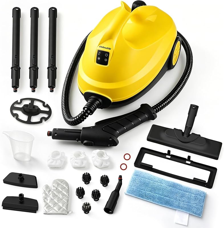 Limpiador a vapor para el hogar, 300 °F, 4,5 bar, con 21 accesorios | Piso, ventana, horno, lechada, muebles| Cocina, Baño| Tanque de 1,5 L | Cable de alimentación de 5 m | Limpieza con vapor| Bloqueo de seguridad| Amarillo