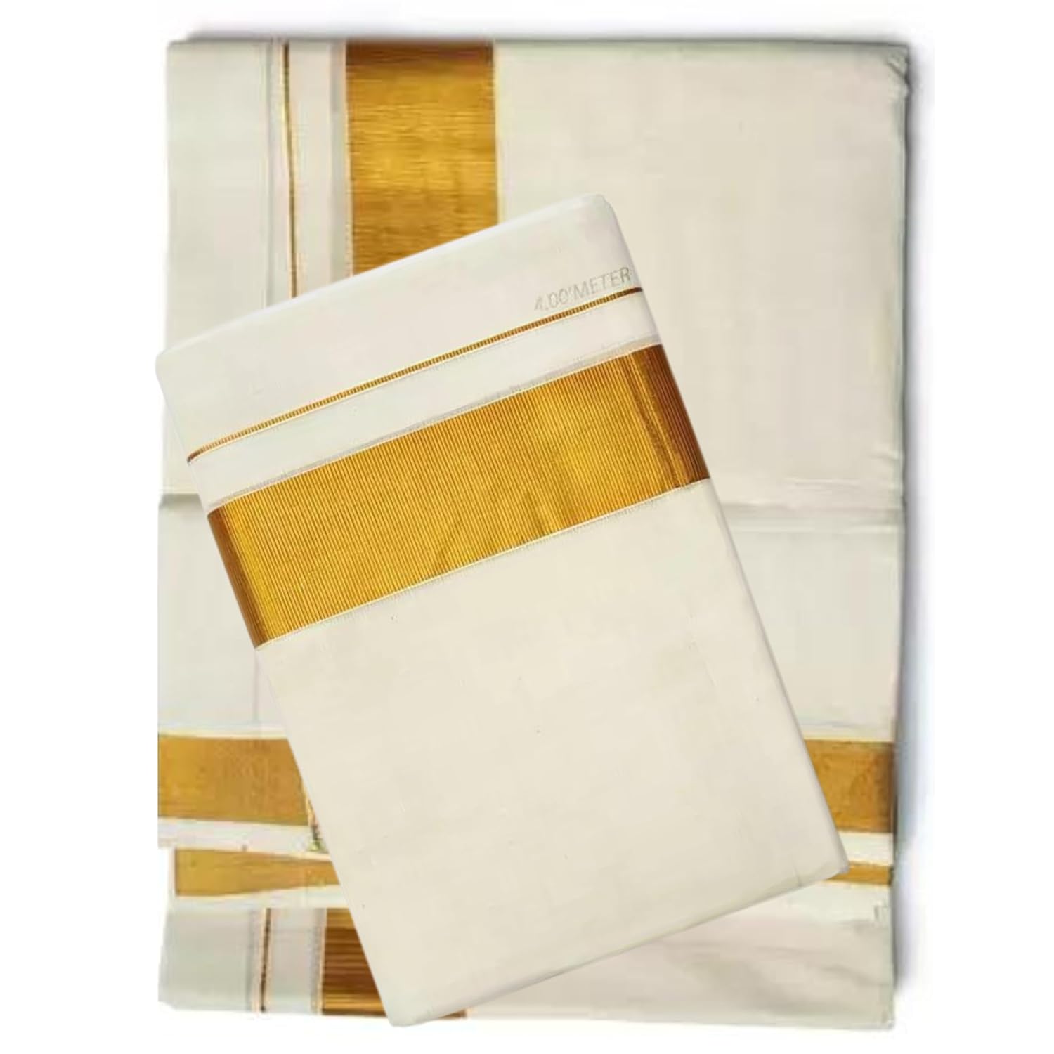 Kuthampully Kerela Onam Wear Jari Woven Cotton Kasavu Kattikara Set Mundu Saree For Women With 2 Inch Border And Kuri, Yellow Kuthampully Kerela Onam Wear Jari Woven Cotton Kasavu Kattikara Set Mundu Saree For Women With 2 Inch Border And Kuri, Yellow