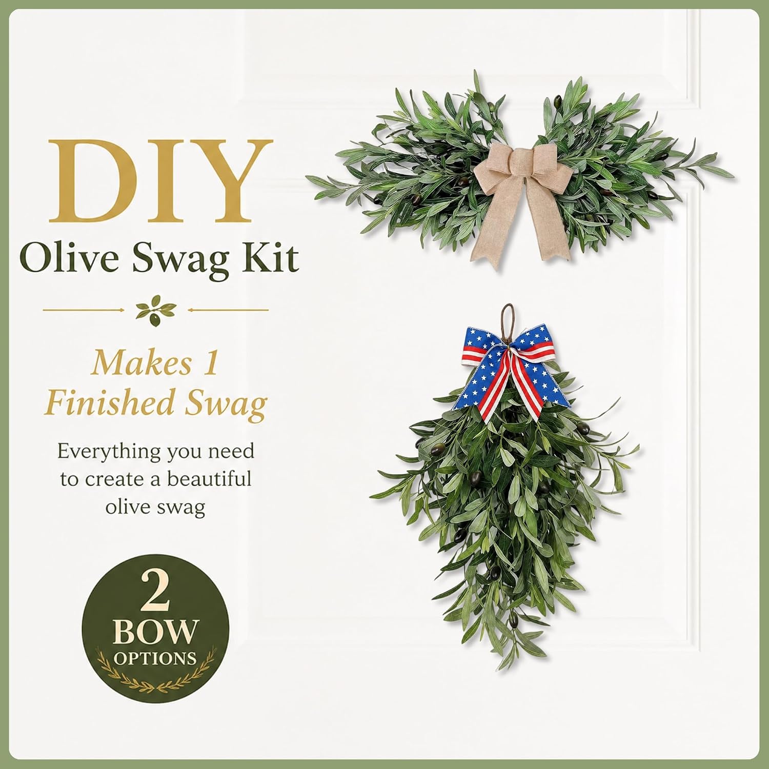 DIY Olive Swag Kit with 24 Realistic Faux Olive Stems, Vine Base and 2 Bow Options, Makes 1 Teardrop Swag or Horizontal Front Door Swag for Wall or Farmhouse Decor