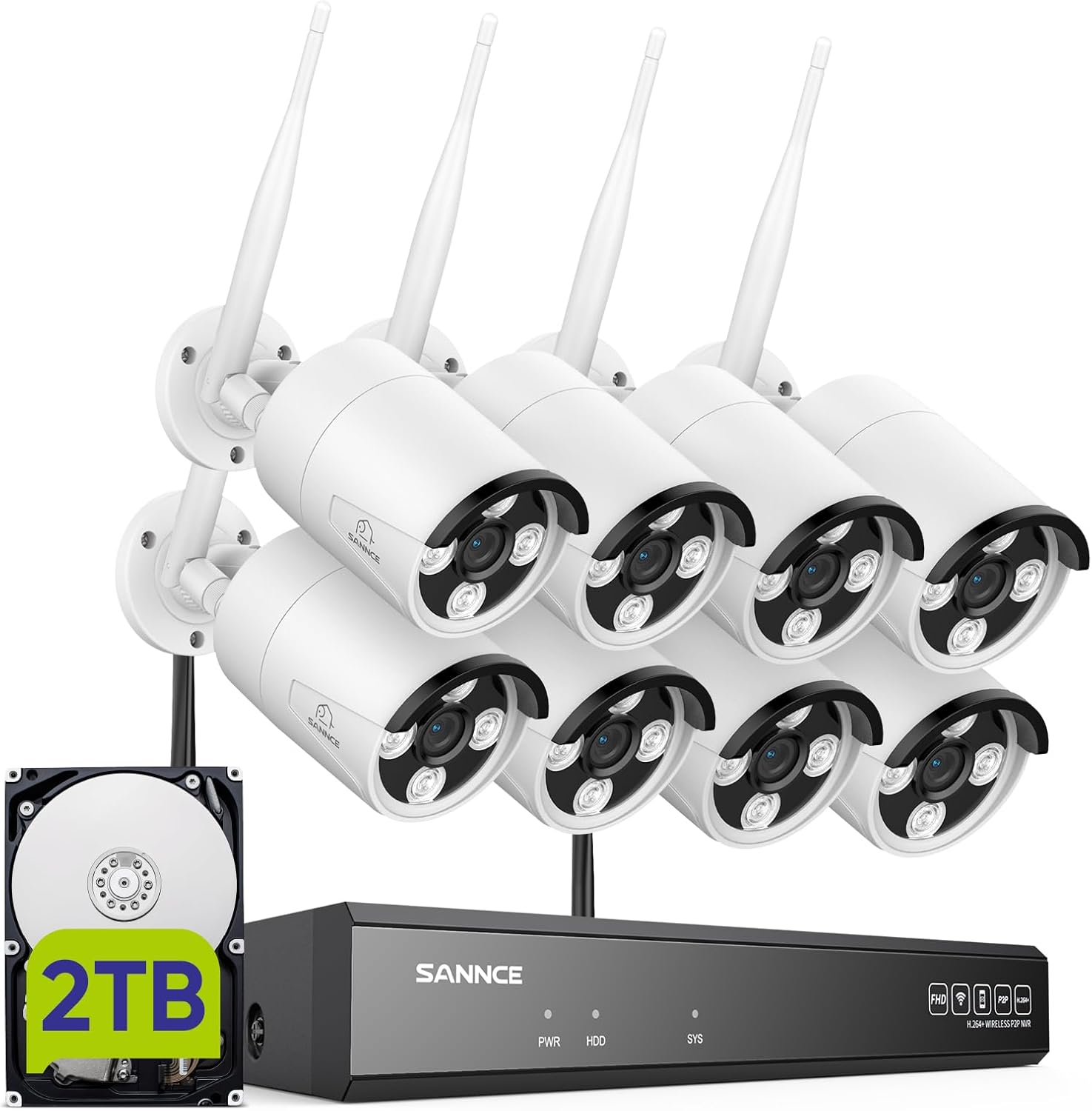 SANNCE 2K Wireless Security Camera System, 8CH 5MP NVR with 8Pcs 3MP Outdoor WiFi IP Surveillance Cameras with One-Way Audio,Night Vision, Remote Access, Motion Alerts, Compatible with Alexa(2TB HDD)