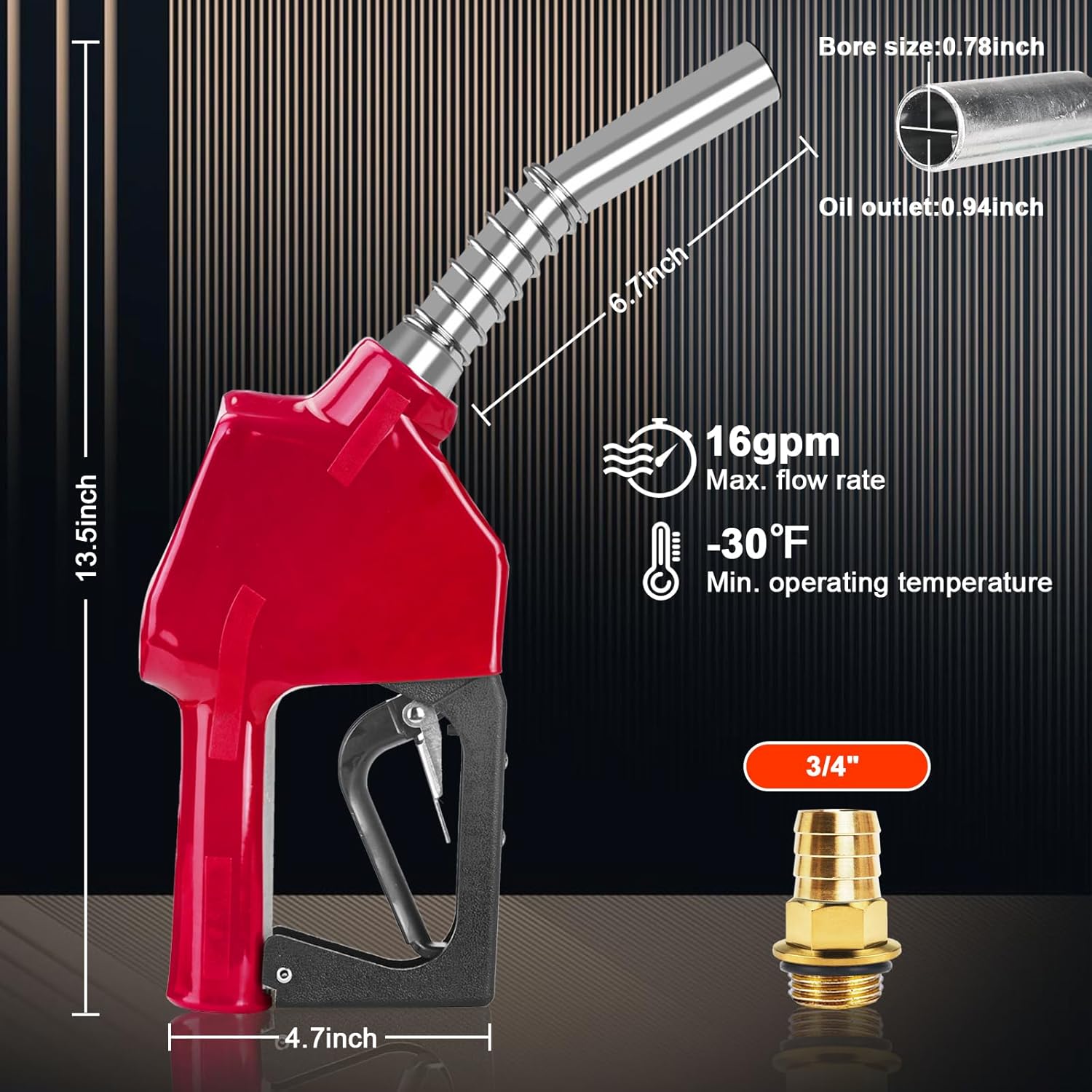 3/4" NPT Automatic Fuel Nozzle with Hose Adapter, Auto Shut-off - Max Flow 16GPM, 15/16" Spout - Diesel, Kerosene (Red)