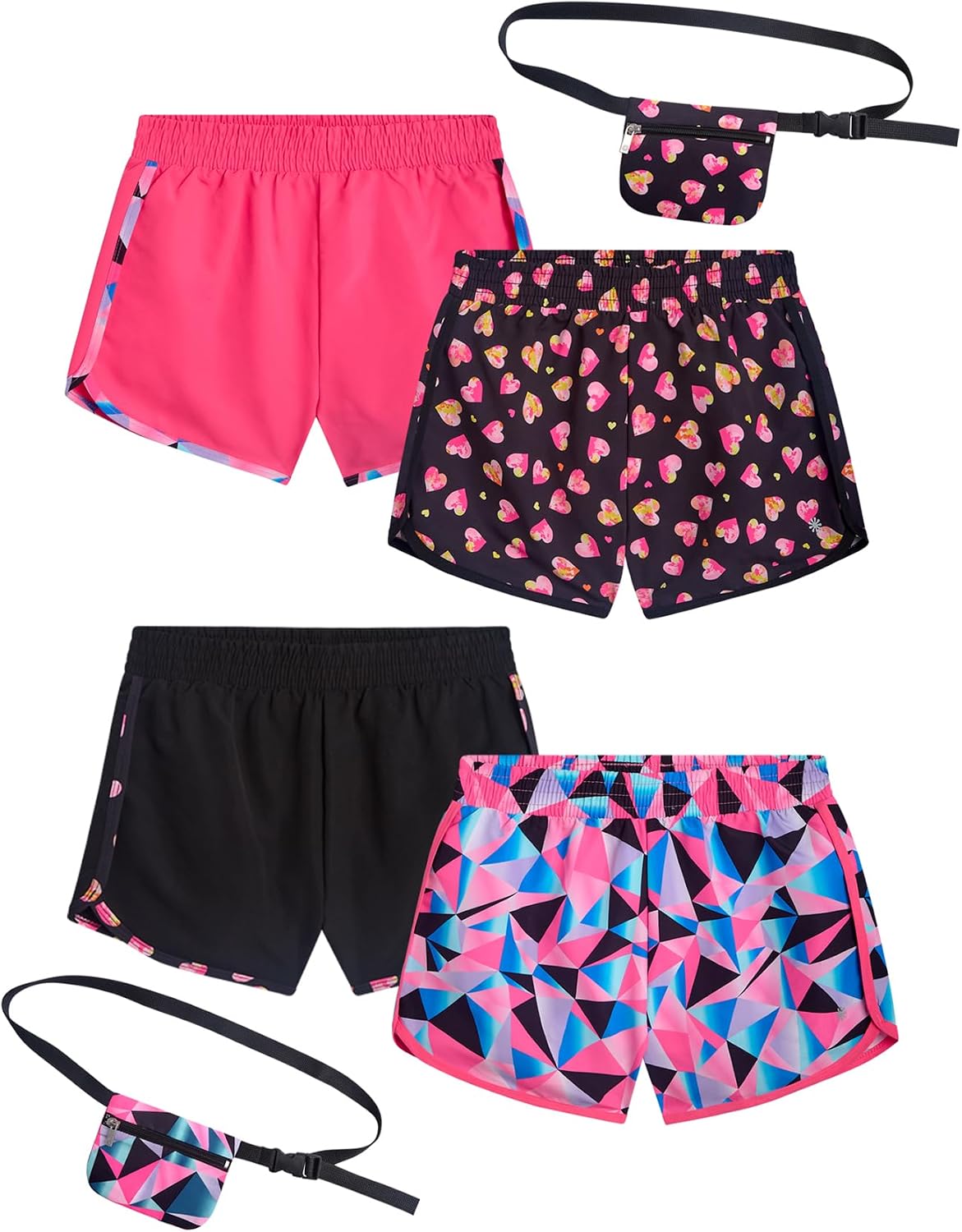 dELiA*s Girls Athletic Shorts - 4 Pack Performance Gym Shorts for Outdoor Activities with Fanny Pack - Size Up for Better Fit