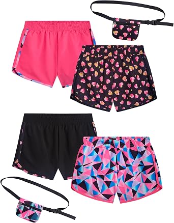 dELiA*s Girls Athletic Shorts - 4 Pack Performance Gym Shorts for Outdoor Activities with Fanny Pack - Size Up for Better Fit