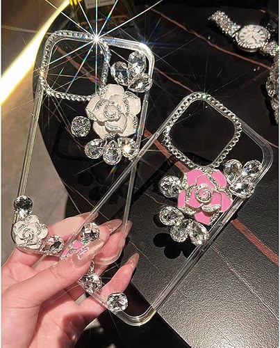 Miniatura 5 de Funda compatible con iPhone 15 Pro Max con diamantes de imitación con purpurina y flor de camelia para niñas y mujeres, bonita gema brillante 3D de
