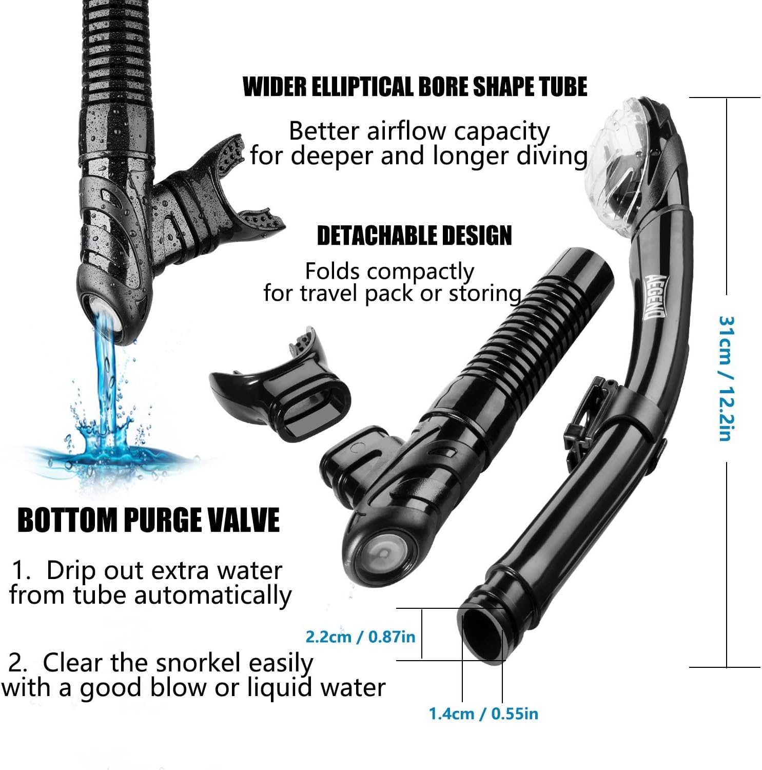 Aegend Diving Dry Snorkel for Adult & Youth - Snorkeling Gear with Top Dry Valve, Perfect for Snorkeling, Freediving, Swimming and Scuba Diving