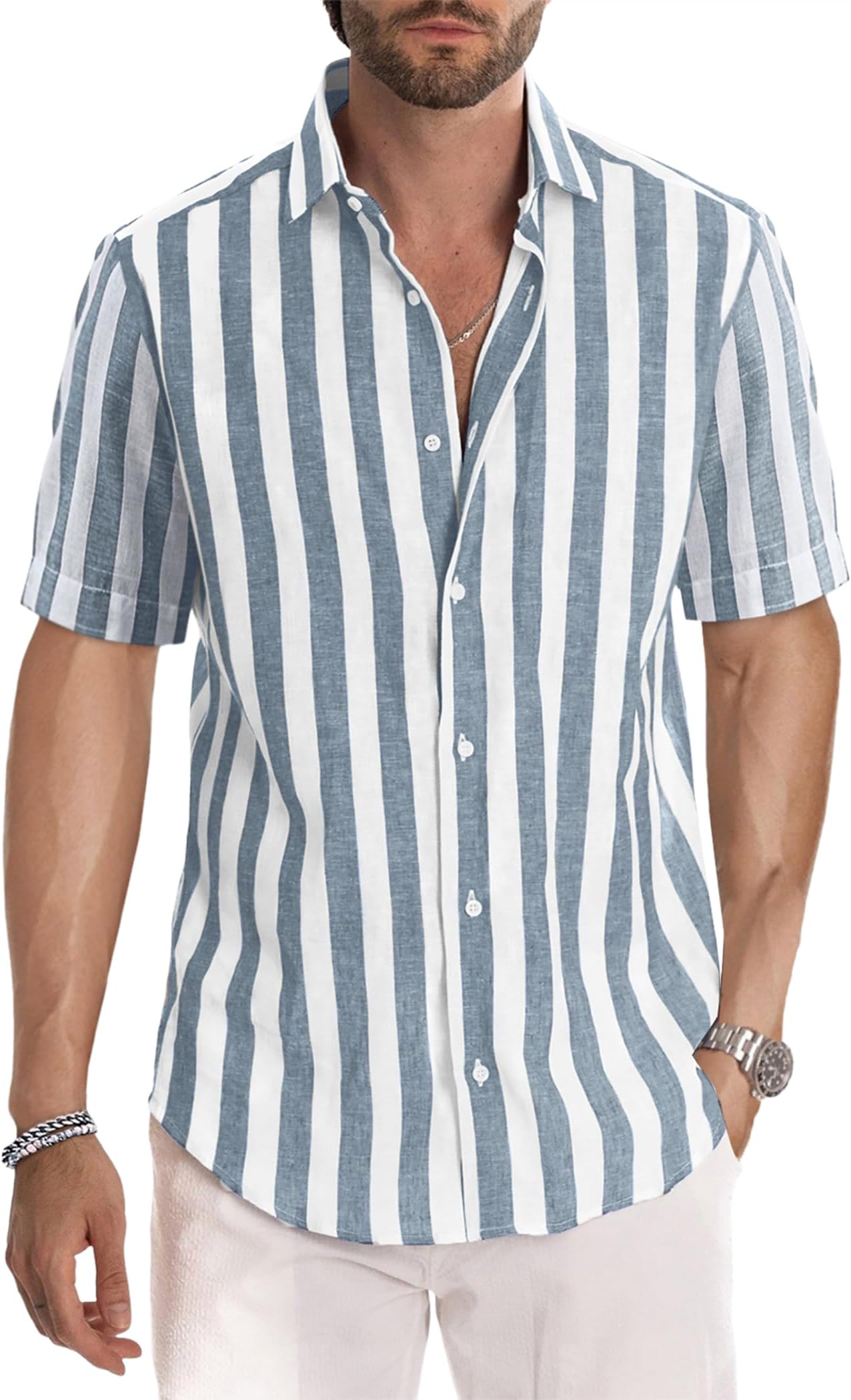 Men's Casual Stylish Short Sleeve Button-Up Striped Dress Shirt Cotton Beach Shirts