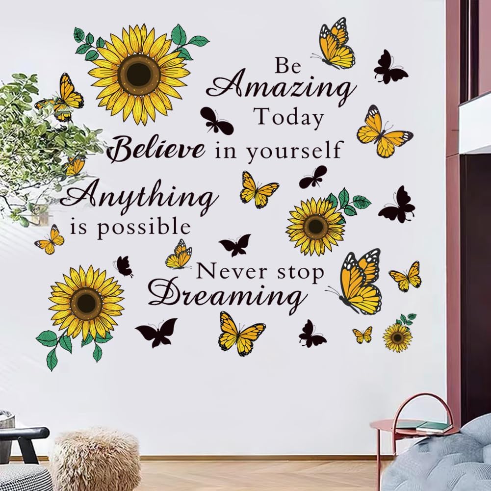 Inspirational Quote Sunflower Wall Stickers - Removable Positive Saying Peel and Stick for Classroom, Home, Bedroom, Office Wall Art Decor