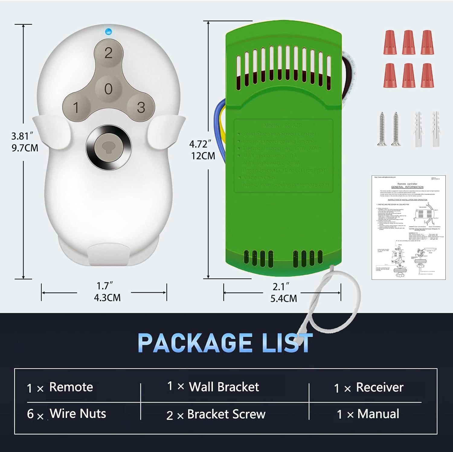 Ceiling Fan Remote Control Replacement Kit, 3-Speed, Light Dimming and Wall Mount, Compatible with All AC Fan Especially for Hunter 99770, 99123, 99122, 99119, 99118, 99198, 99813, 99392,99394,99772