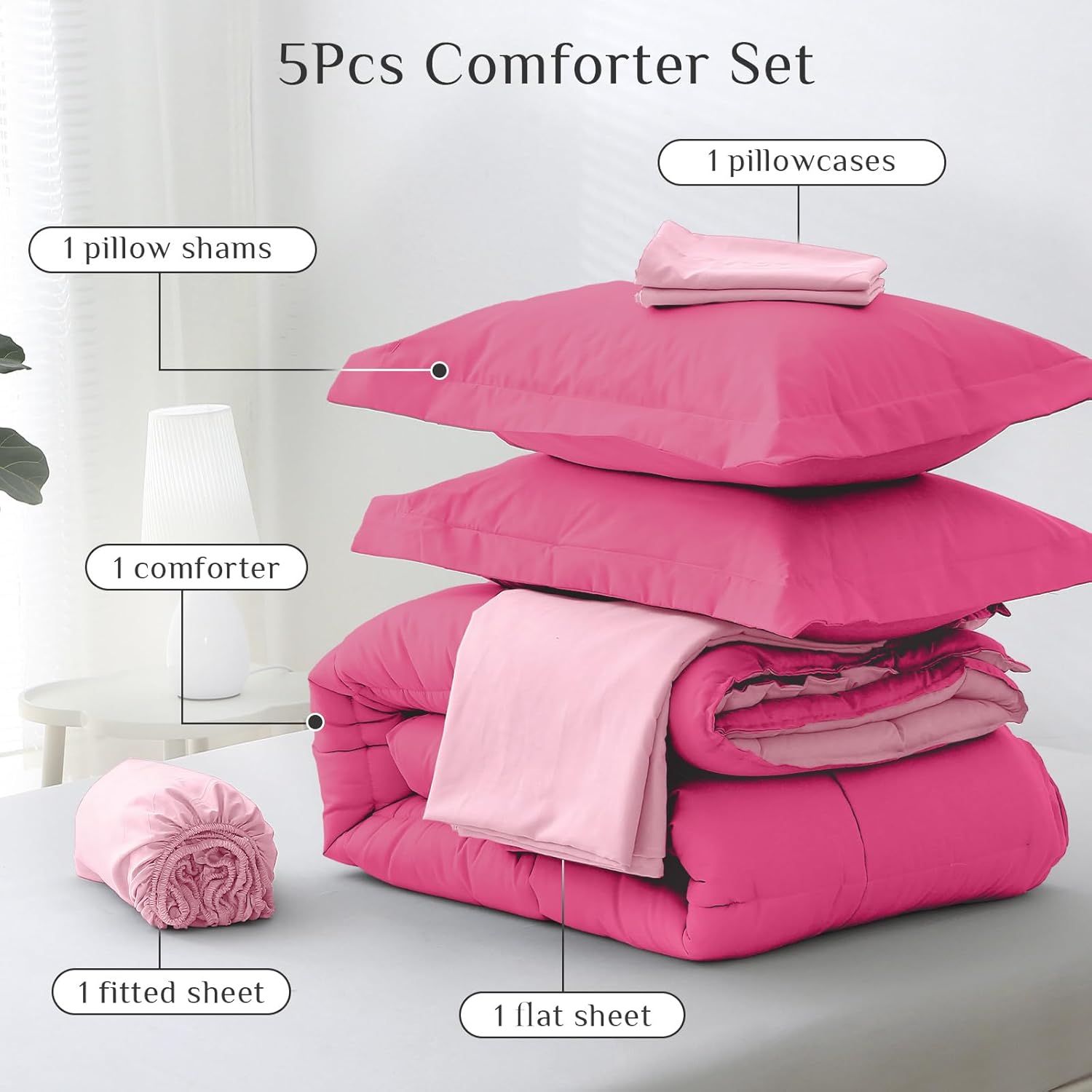 JOLLYVOGUE Twin Comforter Set, Ultra-Soft Bed in a Bag Twin Size 5 Pieces, Oeko-TEX Certified Bedding Set with Down Alternative Comforter, Sheets, Pillowcases & Shams, Hot Pink & Baby Pink - Image 5