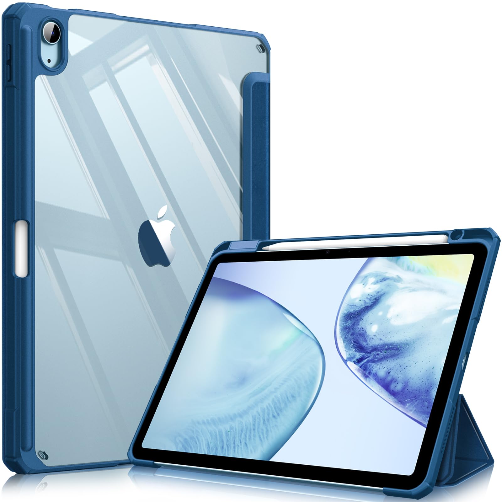 Fintie Hybrid Slim Case for iPad Air 11-inch M3 (2025) / M2 (2024), iPad Air 5th (2022) / 4th Generation (2020) 10.9 Inch - Shockproof Cover with Clear Back Shell & Pencil Holder, Marine Blue