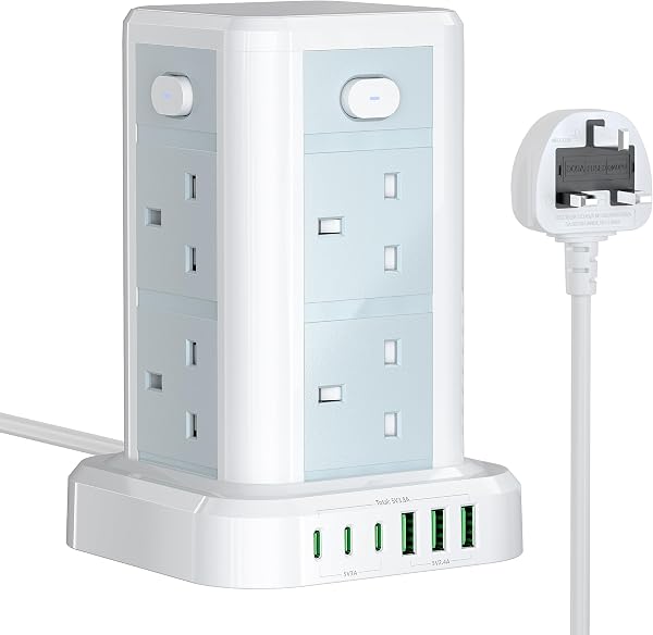 Tower Extension lead with USB Slots, Toomke 8 Way (13A/3250W) Plug Extension Socket Tower with 3 USB C and 3 USB A, Overload Protection Extension Cord with 4 Independent Switches, Power Cord 1.8M - 1