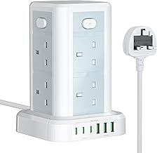 Tower Extension lead with USB Slots, Toomke 8 Way (13A/3250W) Plug Extension Socket Tower with 3 USB C and 3 USB A, Overload Protection Extension Cord with 4 Independent Switches, Power Cord 1.8M