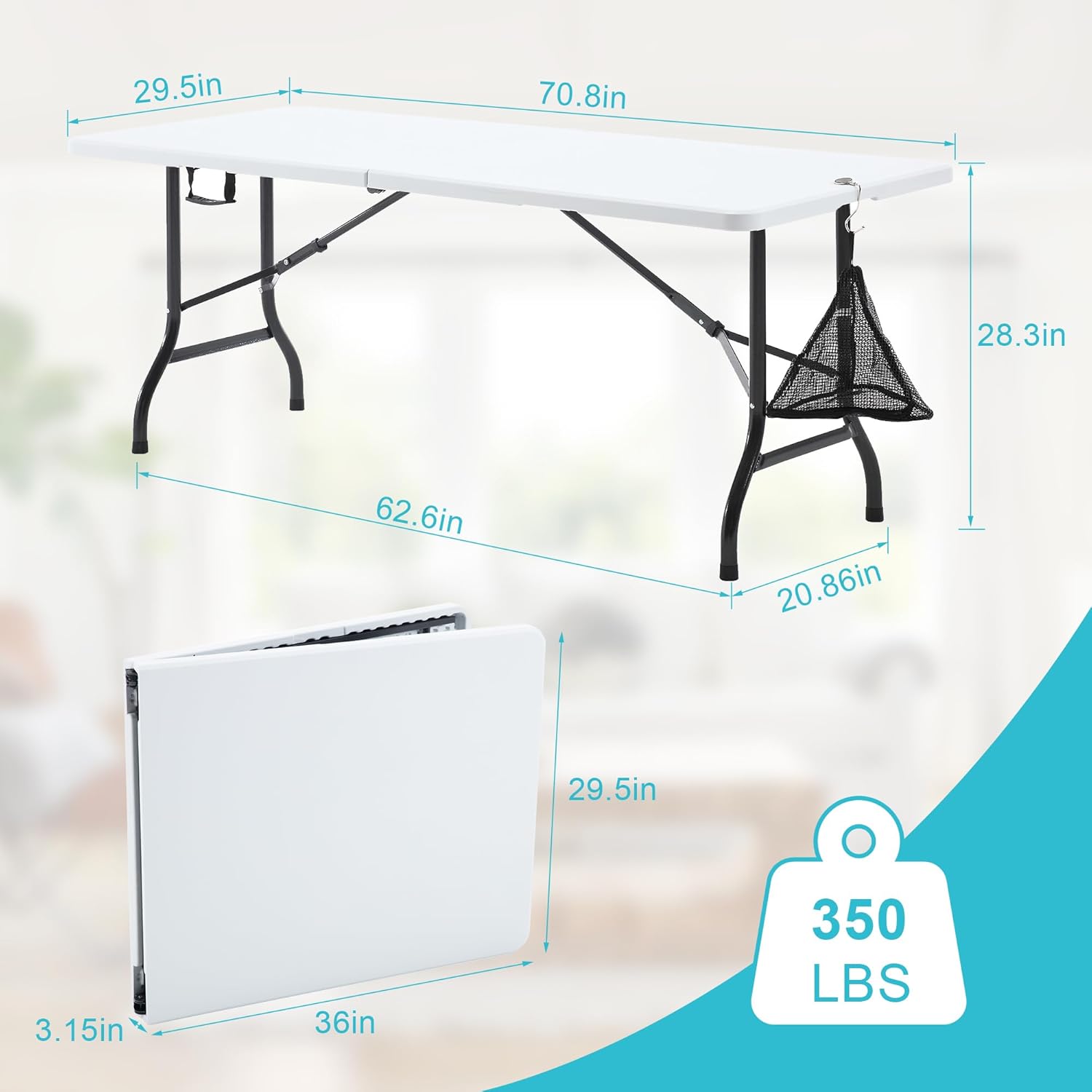 VECELO 6Ft Folding Picnic Table,Indoor Outdoor Plastic Portable Foldable Desk with Handle, Mesh Trash Bag&Lock Legs Heavy Duty for Camping, Dining, Party, White