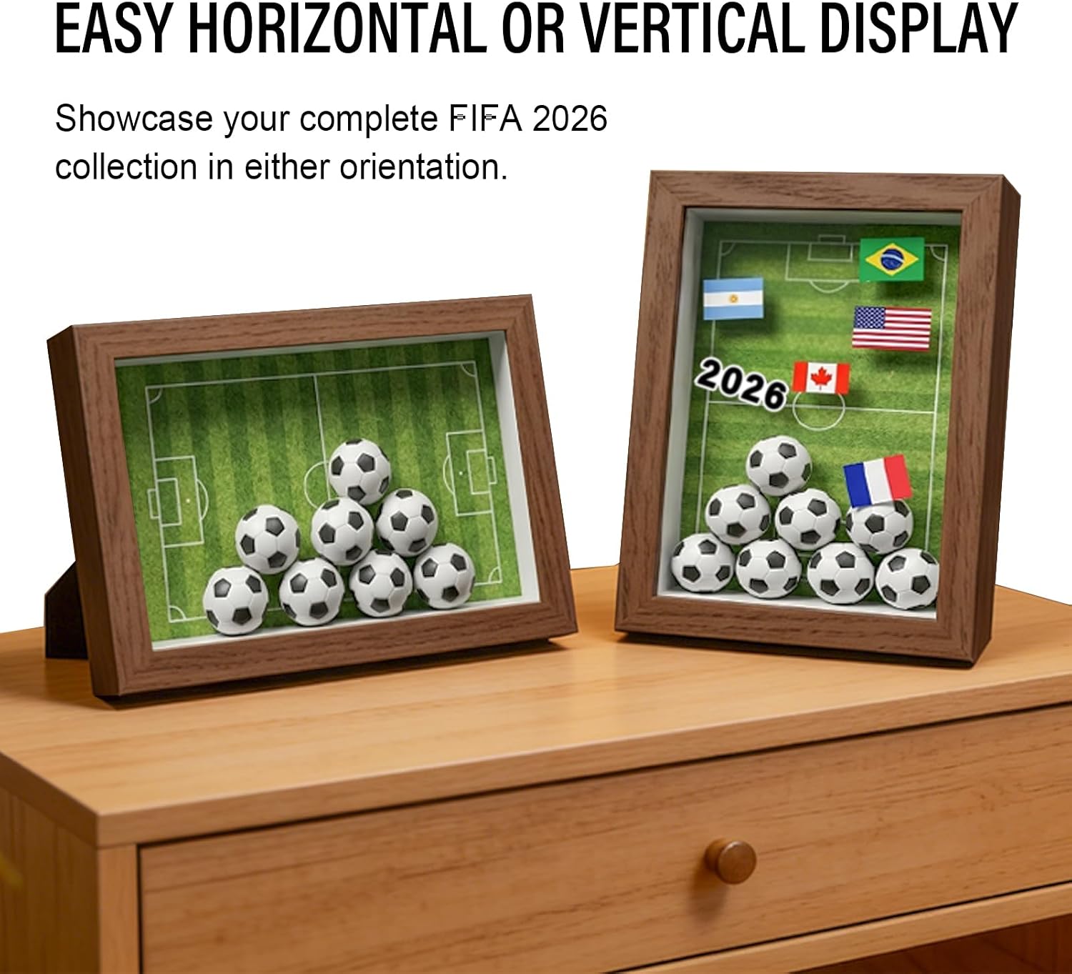4x6 Soccer Shadow Box Frame, DIY 2026 Photo Display Case with Mini Soccer Balls, Flag Stickers & Field Backdrop, Wall or Tabletop Memory Box, Walnut-Look MDF Frame with Glass Front