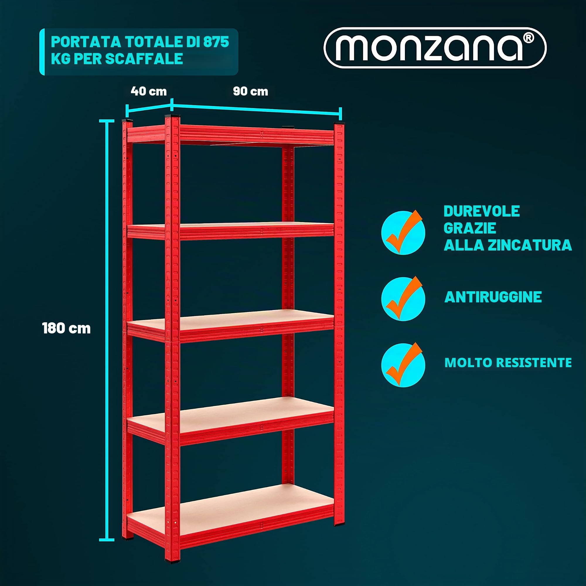 Deuba Scaffale in Metallo 2 pz 180x90x40cm 875kg Scaffalatura Officina Magazzino 5 Ripiani MDF Rosso