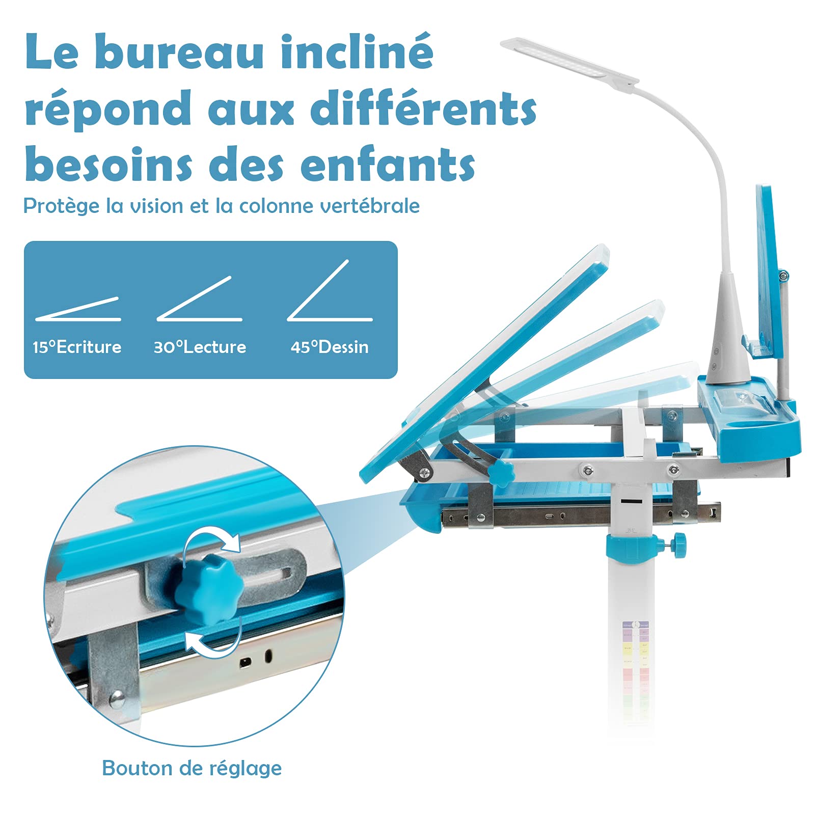 COSTWAY Bureau Enfant Garçon Fille avec Chaise & Plateau Incliné, Table et Chaise Enfant avec Hauteur Réglable & Éclairage à 3 Niveaux, Support de Livre, Tiroir, Charge 80/100kg pour 6-12 Ans, Bleu